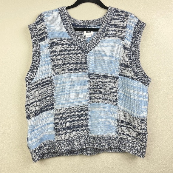 OBEY Women's XL Mira Sweater Vest V-Neck Wool Blend Color Block Blue Knit Twee - Picture 2 of 16